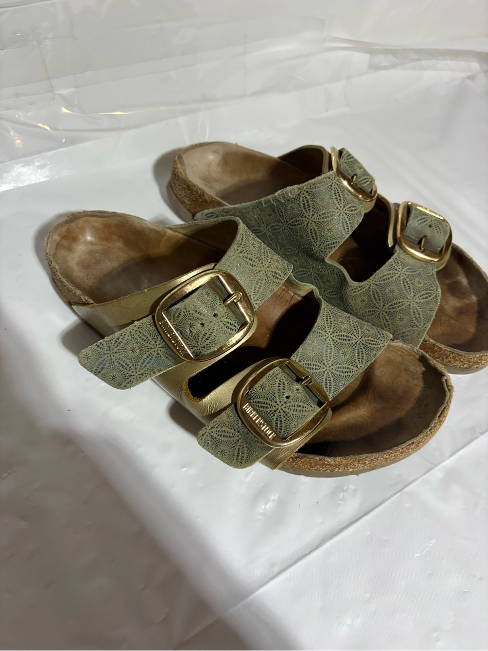 Birkenstock Two-Strap Sandals with Gold Buckles in Olive Green